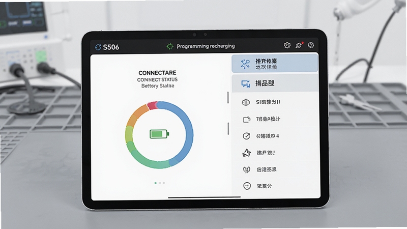 一张高清产品渲染图,画面中央是S506 programming recharging软件的平板端主界面,左侧显示设备连接状态与电池电量环形图,右侧为功能菜单列表,背景为浅灰色医疗设备维修工作台,光线明亮柔和,整体风格专业且富有科技感。