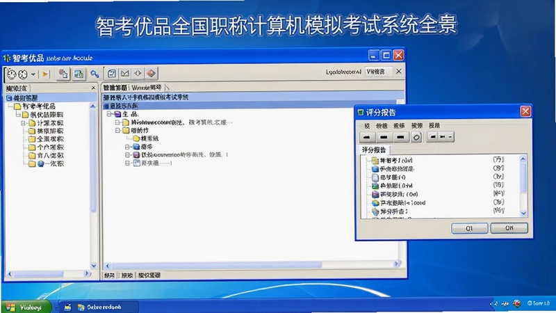 一张软件功能全景截图,展示智考优品全国职称计算机模拟考试系统Windows XP模块的主界面,包含模拟答题区、题目导航树、倒计时工具栏和评分报告弹窗,背景为干净的深蓝色渐变,界面元素清晰明亮,风格写实,适合软件介绍页头图