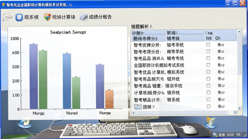 智考优品全国职称计算机模拟考试系统Windows XP模块的成绩分析报告页面,显示各模块得分率条形图和错题解析列表,背景为简洁的浅灰色办公桌面,画面风格专业清晰
