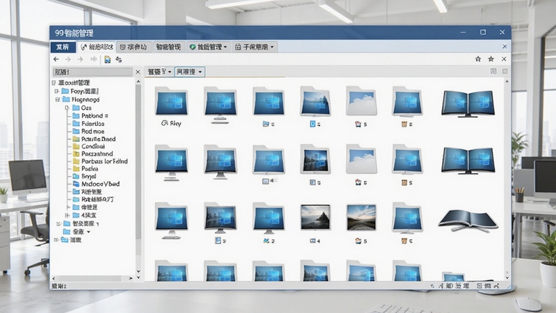 99盘windows版客户端文件管理界面,展示多标签页文件浏览器,左侧分类树状结构,右侧文件缩略图网格,背景为明亮办公环境,突出智能管理特色