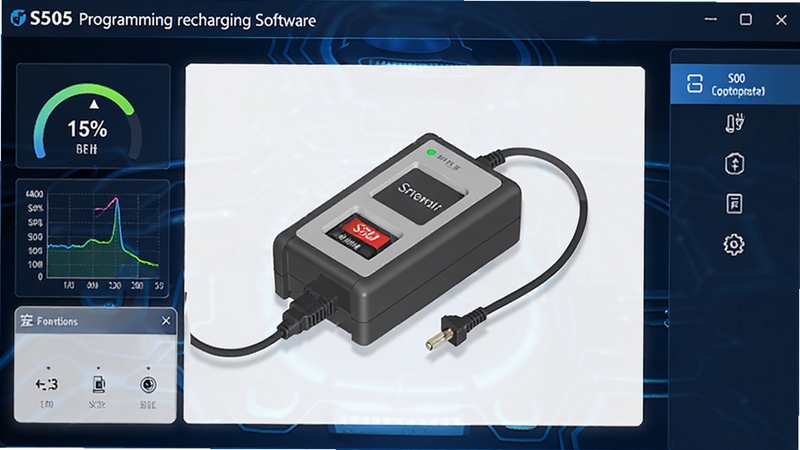 展示S505 programming recharging软件主界面的整体预览图,画面中央为连接着电池的充电器设备示意图,背景为深蓝色科技感操作台,界面元素包括电量百分比、电压电流曲线图与功能菜单栏,整体风格专业且现代,突出软件核心管理功能