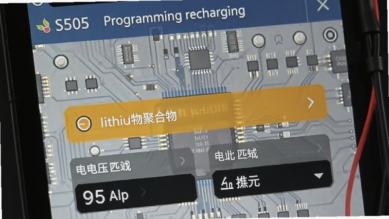 S505 programming recharging软件界面中智能模式选择页面的局部特写,屏幕显示锂聚合物电池选项高亮,下方对应电压与电流参数自动填充,背景为浅灰色电路板纹理,突出智能匹配功能的便捷性