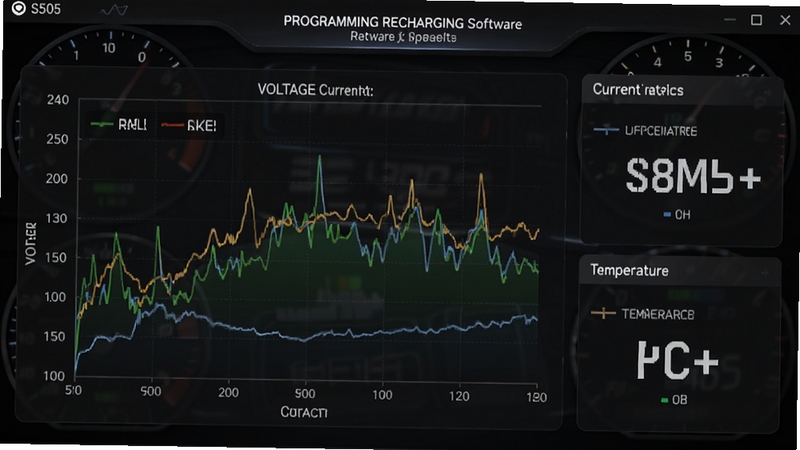 S505 programming recharging软件实时监控界面展示,界面中央为动态更新的电压电流折线图,右侧显示当前电池容量与温度数值,背景为暗色仪表盘风格,强调数据可视化与监控准确性