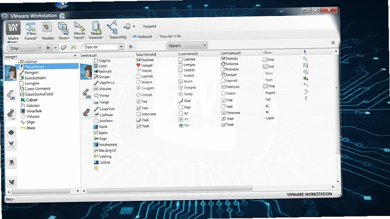 VMware Workstation 软件主界面截图,展示虚拟机列表和工具栏,背景为深蓝色科技感桌面,整体画面清晰明亮,突出软件在桌面上的运行状态。