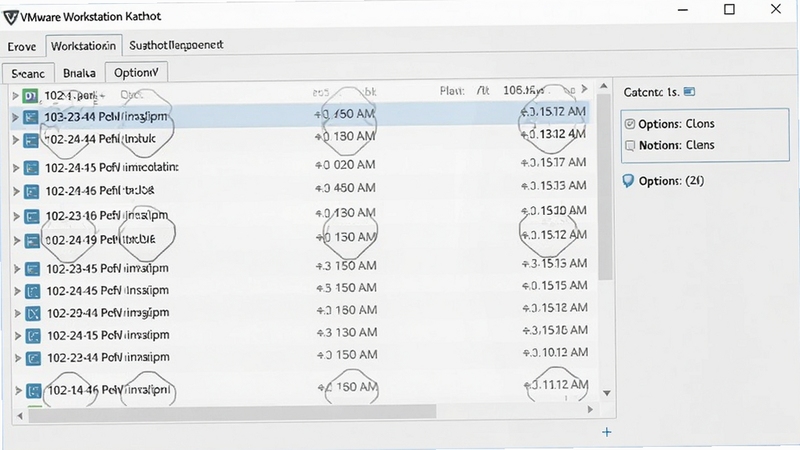 VMware Workstation 快照管理界面,显示多个时间点的快照列表,旁边有克隆选项,界面简洁直观,背景为浅灰色管理窗口。