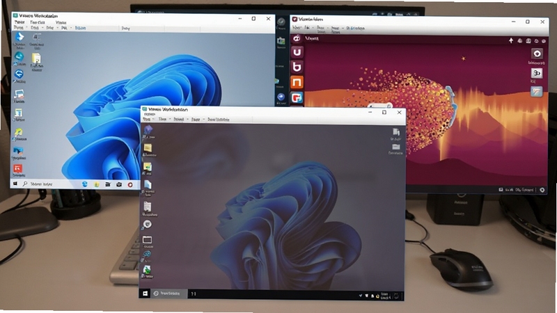 VMware Workstation 中同时运行多个虚拟机窗口的截图,每个窗口显示不同的操作系统桌面,如Windows 11和Ubuntu,背景为工作台环境,画面层次分明。