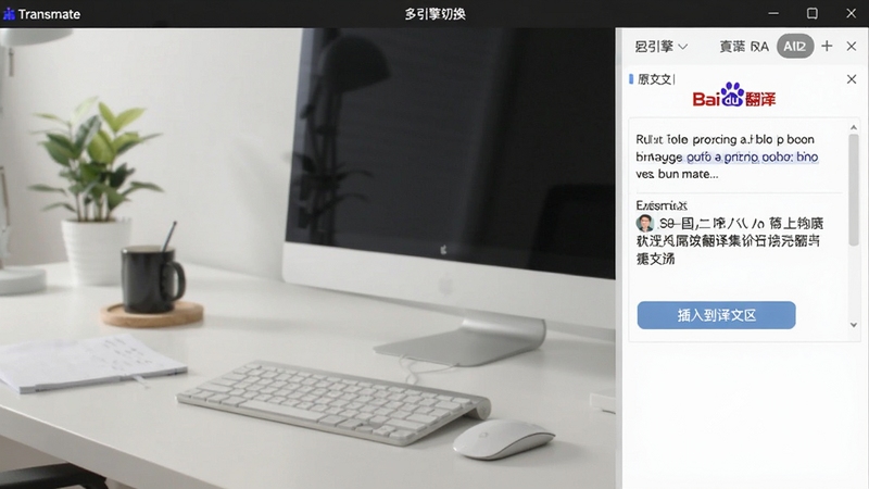 Transmate机器翻译集成界面,右侧面板显示百度翻译结果,原文为英文,译文为中文,译文下方有“插入到译文区”按钮,背景为简洁办公桌面,软件界面清晰展示多引擎切换选项