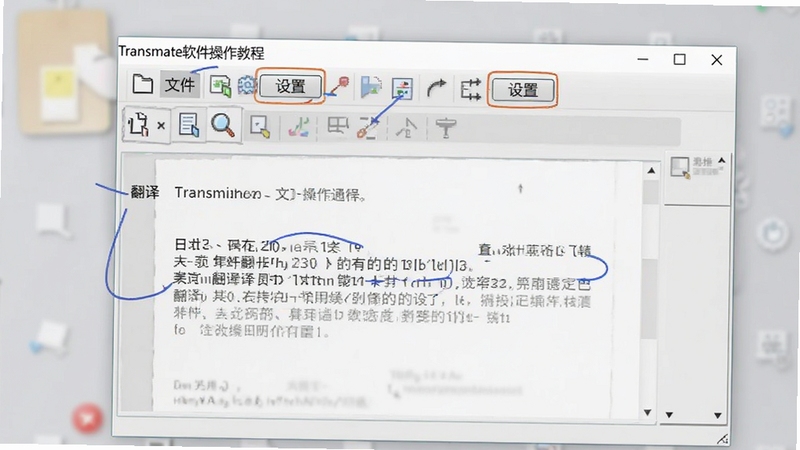 Transmate软件操作教程截图,展示菜单栏、工具栏和翻译区,背景为浅灰色桌面,图片清晰标注“文件”和“设置”按钮,强调软件的易用性