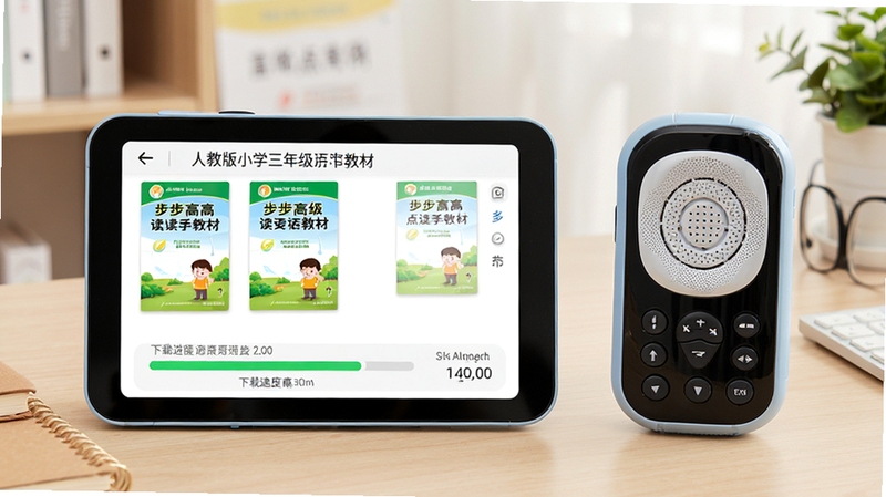 步步高点读机下载助手正在同步人教版小学三年级英语教材,界面显示教材封面缩略图、下载进度条与传输速度,背景为整洁的书桌,点读机放置在旁边。