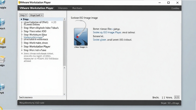 VMware Workstation Player中新建虚拟机向导的截图,左侧是步骤列表,右侧显示选择ISO镜像文件的选项,背景为干净的浅灰色桌面,重点突出简单明了的操作流程。