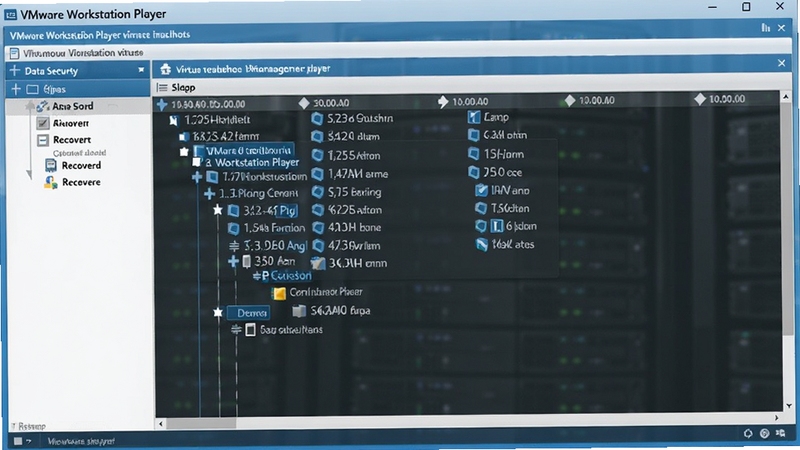VMware Workstation Player虚拟机快照管理器界面,显示多个快照节点的时间线,背景为蓝白配色的管理界面,强调数据安全与恢复的便捷性。