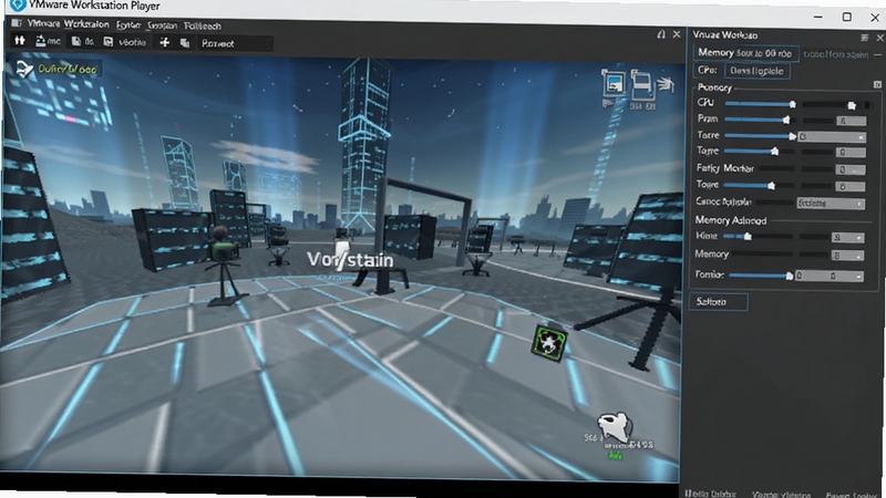 一张展示VMware Workstation Player虚拟机内运行3D游戏画面的图片,画面右侧是VMware Workstation Player的设置面板,显示CPU和内存分配情况,背景为深色科技感风格,突出高性能与流畅体验。