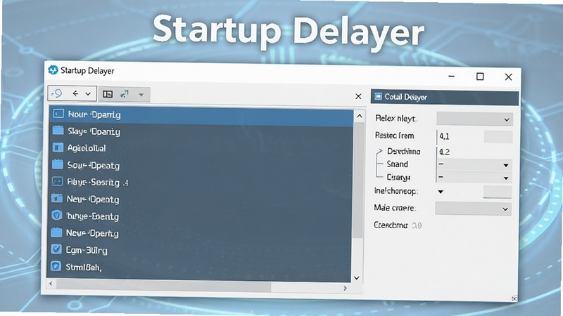 Startup Delayer 系统启动优化工具主界面预览图,展示软件主窗口,左侧为启动项列表,右侧为延迟设置面板,背景为淡蓝色科技感风格,整体画面清晰明亮,突出软件名称 Startup Delayer。