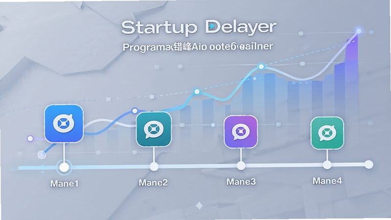 Startup Delayer 智能延迟启动功能示意图,画面中展示时间轴上的程序启动顺序,不同程序图标按先后顺序排列,背景为动态图表,强调错峰启动概念,整体风格简洁现代。