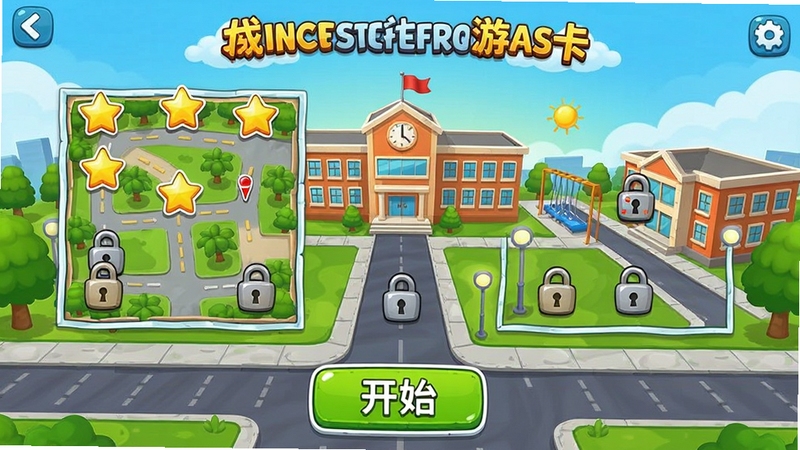 城市学校停车场游戏关卡选择界面预览图,画面展示关卡地图,上面有多个星星和锁头图标,背景为学校全景,下方有开始按钮,界面活泼,色彩鲜艳