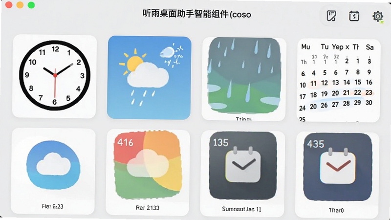 听雨桌面助手智能组件编辑页面,展示时钟、天气、日历等小组件的自定义选项,界面整洁,操作图标清晰,背景为浅灰色调,突出组件多样性