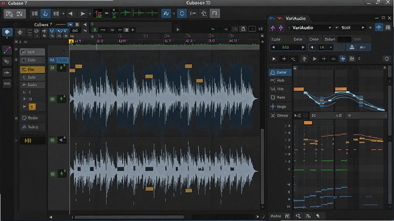 Cubase 7 ��Ƶ�༭���棬��ʾ���α༭���ں� VariAudio ����������壬�������༭���߸�����ʾ������ϸ������������Ϊ��ɫ���棬���廭��ͻ����Ƶ�������ܣ����רҵдʵ��