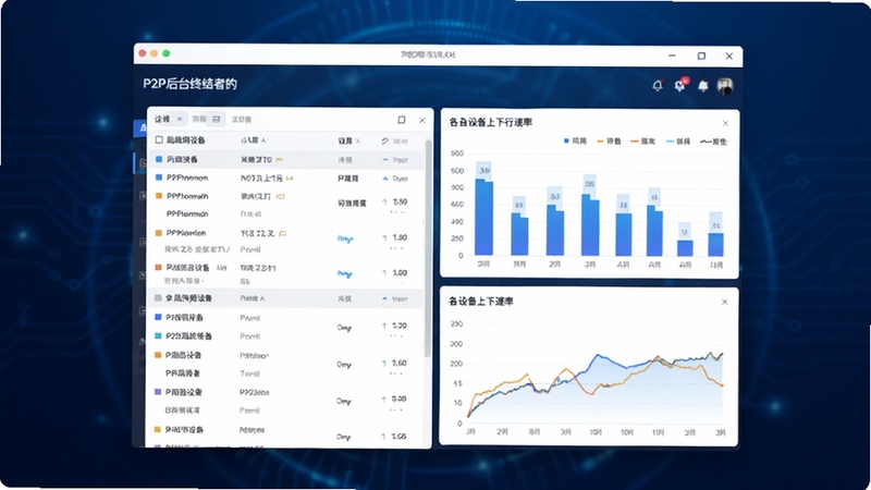 一张现代简约风格的软件界面预览图,画面中央是P2P后台终结者的主窗口,左侧显示局域网设备列表,右侧以柱状图与折线图实时展示各设备上下行速率,背景为深蓝色科技感渐变,突出网络监控与管理的核心功能,整体画面清晰明亮,细节丰富。