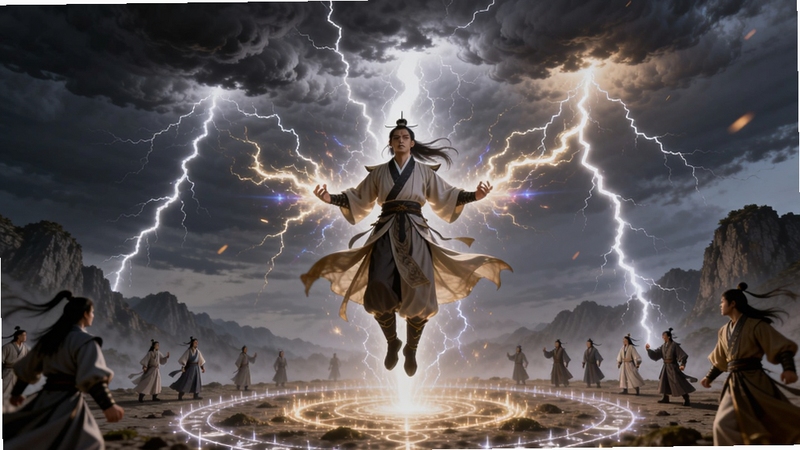 开宗立道渡劫飞升场景预览图,画面中央一名修士悬浮于雷云之下,周身环绕着璀璨灵光,正承受数道天雷轰击,地面有护山大阵运转,远处有同门弟子围观护法,画面充满张力与光影特效,突出修仙突破的震撼感