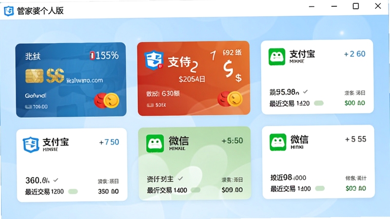 �ܼ��Ÿ��˰���˻�����ҳ�棬չʾ������п���֧������΢�ŵ��˻���Ƭ��ÿ����Ƭ��ʾ����������ף�����Ϊǳ�����䣬�������ɾ�������ͻ���ʲ�ȫ�����ܣ��������ơ��ܼ��Ÿ��˰桱�����ڶ�����������