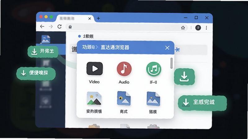 展示直达通浏览器资源嗅探功能的界面截图风格插画,画面中浏览器窗口内悬浮着一个资源下载面板,列出视频、音频、图片等文件类型图标,周围有下载完成的提示,整体风格清晰直观,强调功能的便捷与强大。