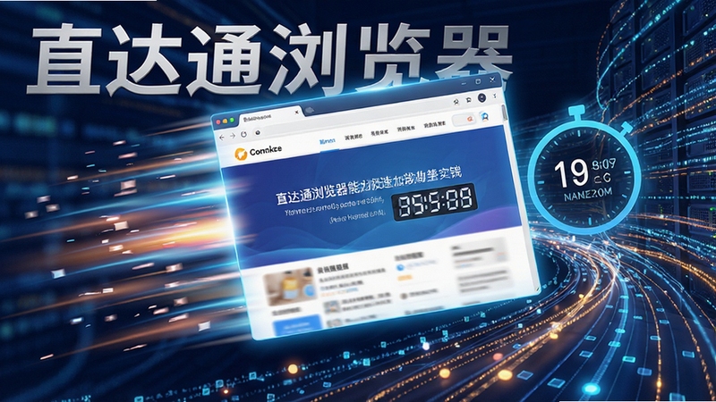 一张体现直达通浏览器极速加载能力的动态概念图,画面呈现一个正在飞速打开的网页,周围有速度线特效和计时器显示极短的时间,背景是流动的数据光带,整体色调明亮充满活力,并带有“直达通浏览器”字样。