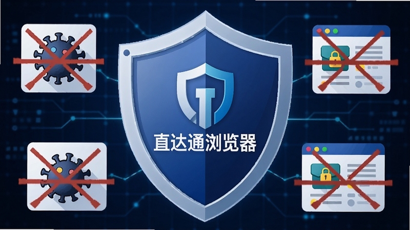 一幅以网络安全为主题的插画,画面中央是一个巨大的盾牌,盾牌上带有“直达通浏览器”的标志,盾牌周围是各种被拦截的病毒和钓鱼网站图标,背景是深蓝色的数字网格,整体风格严谨、科技感强。