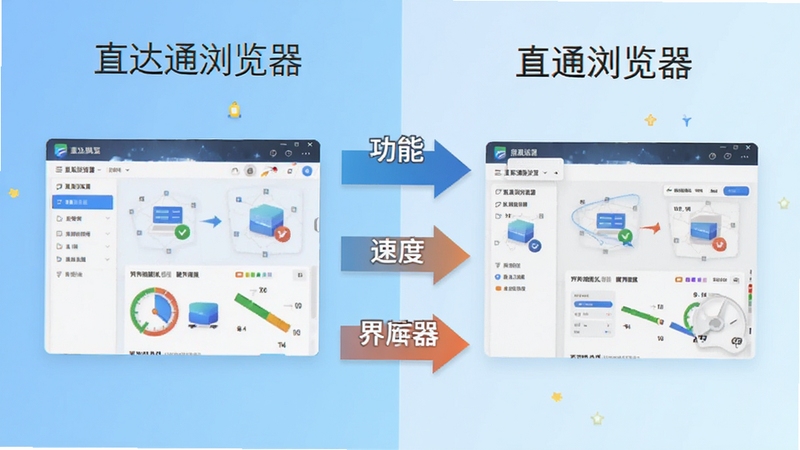 一幅对比直达通浏览器与直通浏览器差异的信息图,画面分为左右两侧,左侧为直达通浏览器的界面,右侧为直通浏览器的界面,中间用箭头和文字标注两者在功能、速度、界面上的不同,背景为淡蓝色渐变,风格简洁明快。