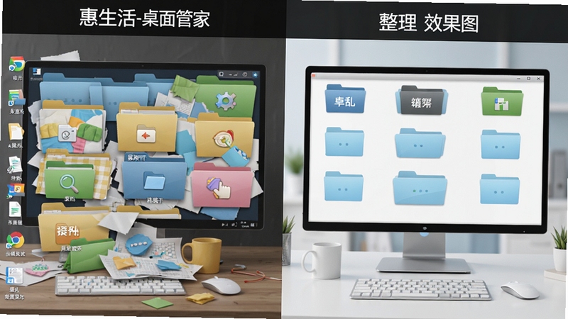 惠生活-桌面管家将杂乱的桌面文件自动分类到不同文件夹中的对比效果图,左侧是未整理的杂乱桌面,右侧是整理后的清爽桌面,文件夹带有图标标签,色彩鲜明,风格写实
