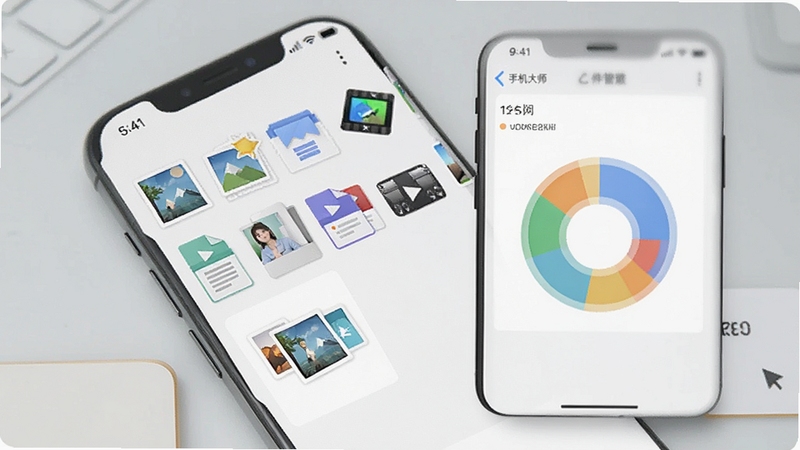 手机大师文件管理界面,显示分类清晰的照片、文档、视频图标,手机存储空间饼图,背景为浅灰色桌面,风格清爽