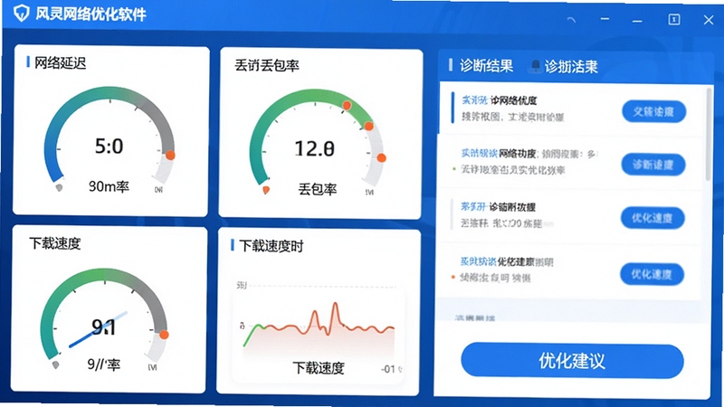 风灵网络优化软件的智能网络诊断功能界面预览图,画面左侧显示网络延迟、丢包率、下载速度等实时数据仪表,右侧为诊断结果列表与优化建议按钮,整体色调以蓝色和白色为主,界面布局清晰,科技感十足,画面比例为16:9。