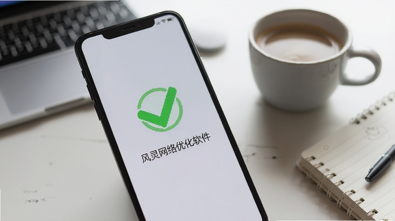 风灵网络优化软件在手机端运行的界面照片,手机屏幕显示优化完成的绿色对勾图标,背景为浅灰色桌面,旁边放着一杯咖啡和笔记本,整体氛围轻松自然,突出移动端使用的便捷性,画面比例为4:3。