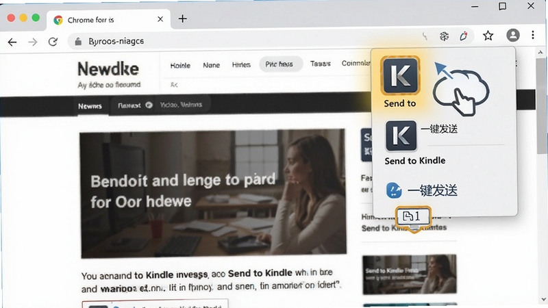 Send to Kindle for PC �������չ����ʾ��ͼ����������ΪChrome��������Ͻǲ���˵�չ��״̬��������ʾSend to Kindleͼ�꣬����ΪһƬ������ʵ��������ҳ��ͼƬ���дʵ��ͻ����һ�����͡��ı�ݲ�������