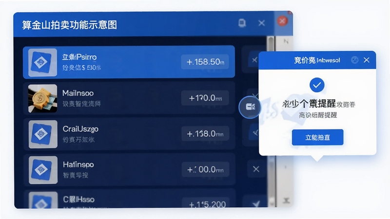 算金山拍卖功能示意图,左侧为拍卖列表展示,右侧弹出竞价提醒窗口,色彩以蓝色和白色为主,突出信息聚合与智能推送特点。