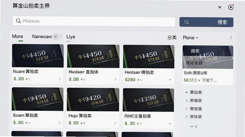 算金山拍卖主界面截图,展示首页拍卖列表、搜索栏、分类导航,背景为浅灰色渐变,整体风格商务简洁,适配移动端竖屏预览。