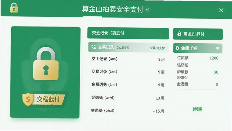 算金山拍卖安全支付界面,展示加密锁图标、交易记录列表、余额明细,背景为绿色和白色,强调资金安全与流程透明。