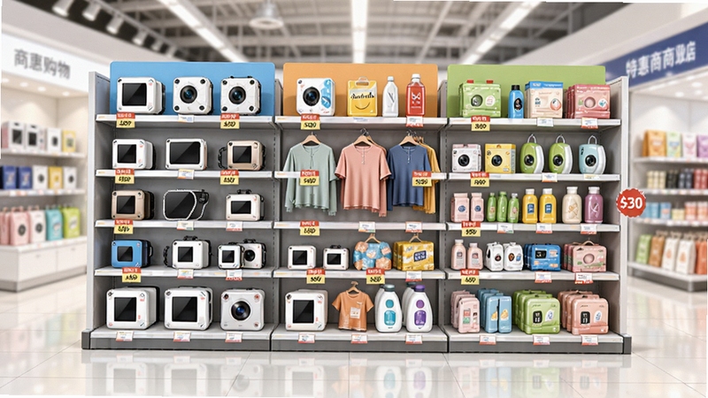 特惠购物商城商品陈列展示图,画面为虚拟货架,上面整齐摆放各类商品,包括电子产品、服饰、日用品等,色彩丰富,带有价格标签和折扣标识,背景为明亮的商场环境,整体风格干净现代,突出商品多样性