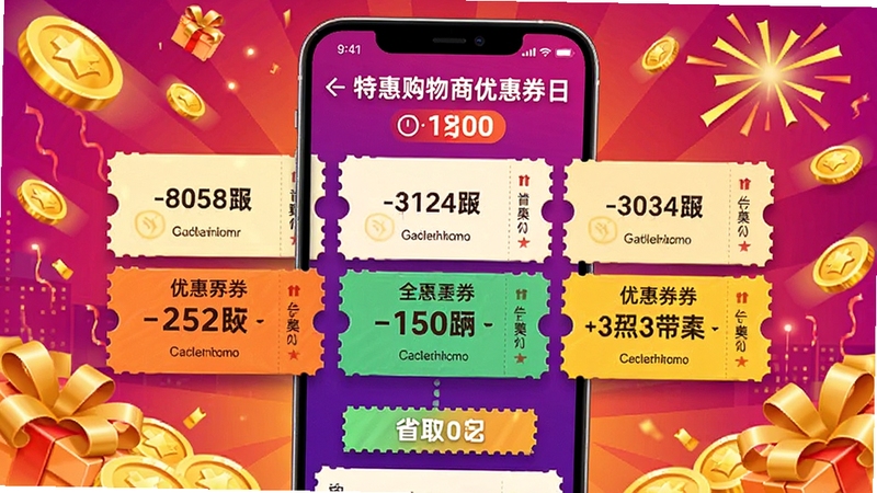 特惠购物商城优惠券界面截图,手机屏幕显示优惠券领取页面,包含多张不同面额的优惠券,色彩鲜艳,有倒计时提示,背景装饰有金币和礼花元素,营造促销氛围,突出省钱优惠主题