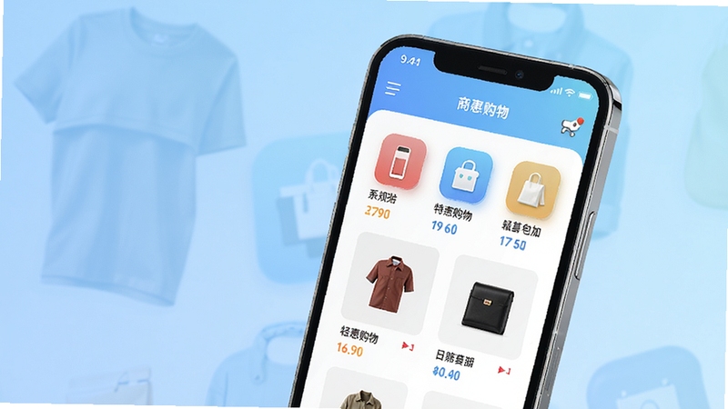 特惠购物商城手机应用主界面展示,前景为一部智能手机屏幕显示购物商城首页,商品分类图标清晰可见,背景为柔和的渐变蓝色调,整体画面明亮简洁,突出购物氛围,商品图片清晰,界面友好,现代感强,适合应用商店宣传图