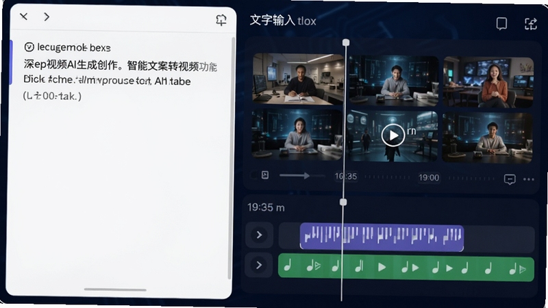 Deep视频AI生成创作的智能文案转视频功能展示,左侧是文字输入框,右侧是自动生成的视频时间线,画面上有多个视频片段和音乐轨道,背景是深蓝色的科技感界面