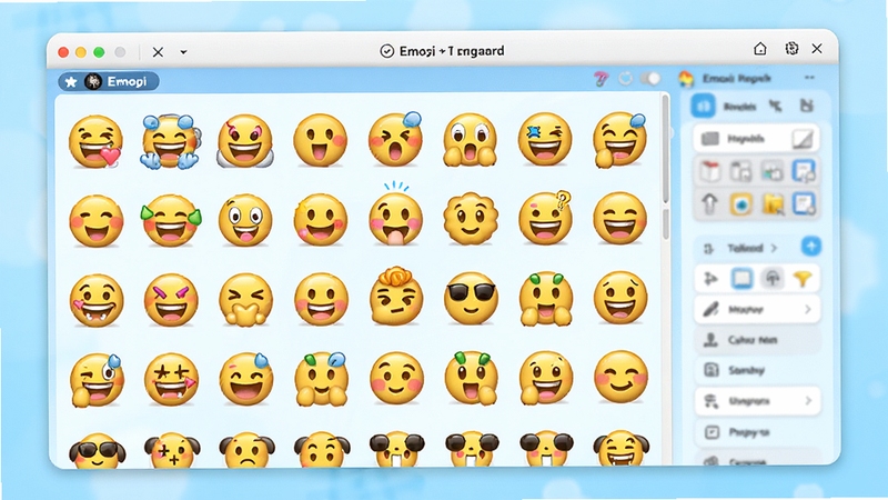 Emoki金软件主界面预览图,展示丰富的表情素材库与个性化装扮功能,画面色彩鲜艳,界面布局清晰,背景为淡蓝色渐变,主体区域展示各类趣味表情图标与编辑工具,整体风格活泼明快,适配Boogu模型生成
