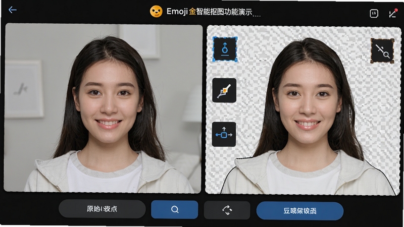 Emoki金智能抠图功能演示图,左侧为原始照片,右侧为抠图后的透明背景人物,周围显示边缘调整工具图标,界面采用深色主题,突出功能区域,操作按钮清晰可见