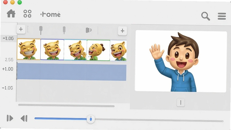 Emoki金动态表情编辑界面,展示帧动画时间轴与预览窗口,画面中有一个卡通人物正在做挥手动作,下方有播放速度调节滑块,界面以浅灰色为主,功能图标简洁明了