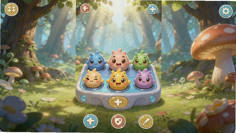 Emoki金游戏主界面预览图,画面中央展示色彩鲜艳的表情精灵合成台,背景为梦幻森林场景,明亮通透的光线,精灵呈Q版圆润造型,UI简洁清晰,整体风格卡通治愈,竖版手游构图,适配Boogu模型生成