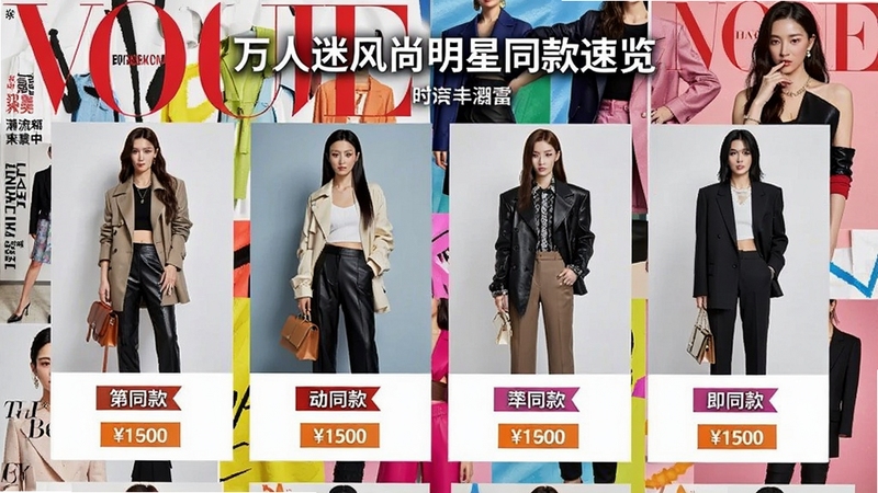 万人迷风尚明星同款速览页面,展示多位明星穿搭图片,带有同款标签和价格信息,背景为时尚杂志风格拼贴画,色彩鲜艳,突出潮流资讯的即时性与丰富性