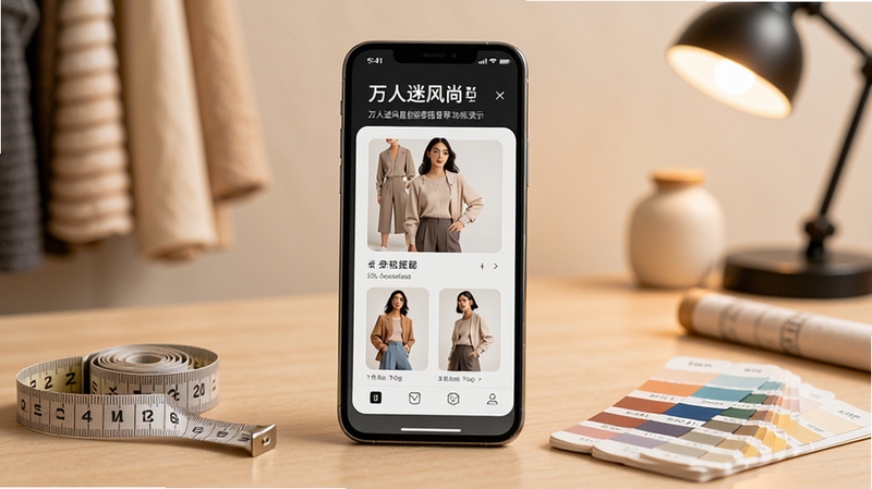万人迷风尚智能穿搭推荐功能演示,手机屏幕显示个性化搭配方案,旁边摆放着卷尺、色卡等工具,背景为柔和的工作室环境,突出精准推荐与个性化服务
