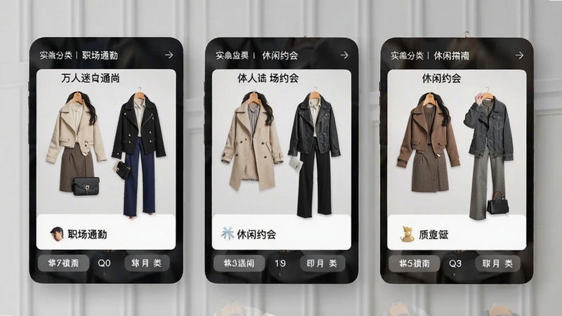 万人迷风尚场景化搭配指南界面,展示职场通勤、休闲约会等多个场景卡片,每个卡片内包含服装组合图,背景为简洁的浅灰色墙面,突出功能分类清晰、实用性强
