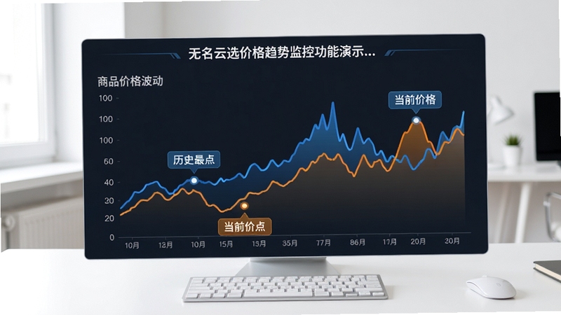 无名云选价格趋势监控功能演示,折线图展示商品价格波动,标注历史最低点与当前价格,背景为简洁的白色办公桌面,图表以蓝橙双色区分走势,突出数据可视化效果