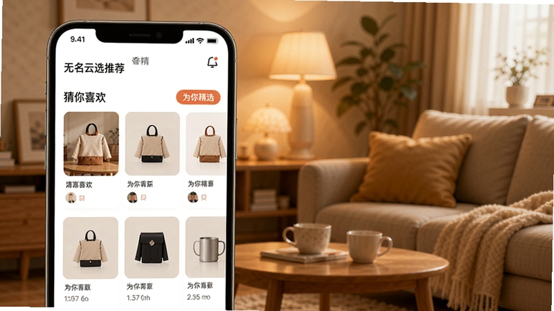 无名云选个性化推荐界面,手机界面展示“猜你喜欢”模块,包含商品卡片与“为你精选”标签,背景为暖色调的居家场景,营造贴心、专属的推荐氛围