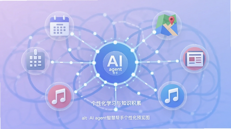 ����չʾһ������Ĵ������磬����ΪAI agent�ǻ۰���ͼ�꣬�����������ճ̡���ͼ�����š����ֵ�ͼ�꣬����Ϊ����ɫ���䣬�������Ի�ѧϰ��֪ʶ���ۣ�������£�alt=